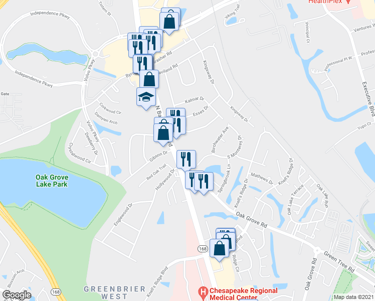 map of restaurants, bars, coffee shops, grocery stores, and more near 204 Oak Leaf Court in Chesapeake
