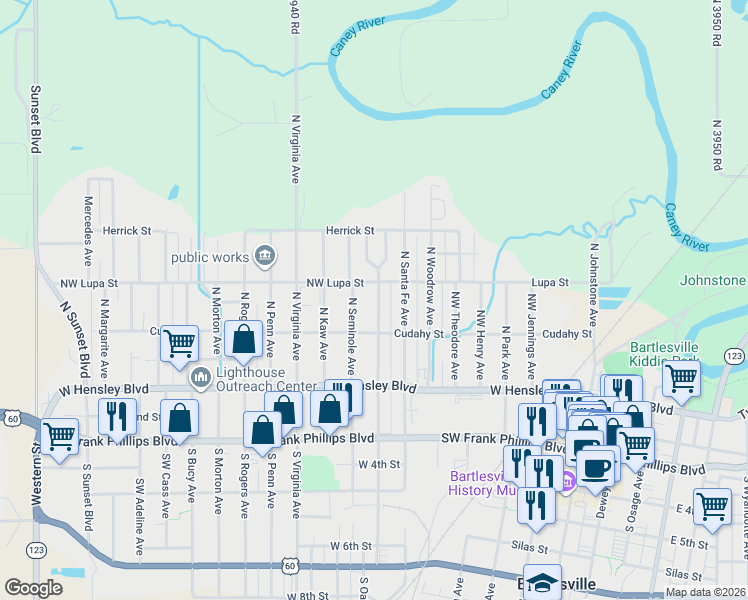 map of restaurants, bars, coffee shops, grocery stores, and more near 229 Cheyenne Avenue in Bartlesville
