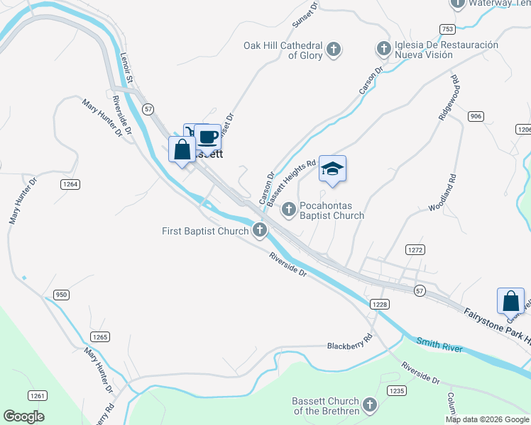 map of restaurants, bars, coffee shops, grocery stores, and more near Fairystone Park Highway in Bassett