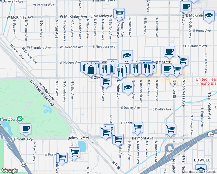 map of restaurants, bars, coffee shops, grocery stores, and more near 219 East Dennett Avenue in Fresno