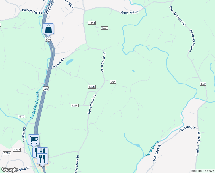 map of restaurants, bars, coffee shops, grocery stores, and more near 1390 Reed Creek Drive in Bassett