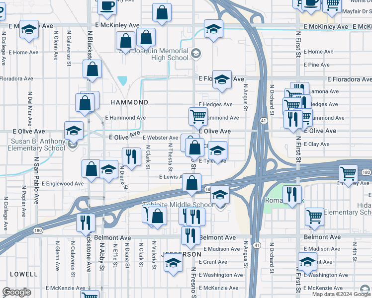 map of restaurants, bars, coffee shops, grocery stores, and more near 2423 East Clay Avenue in Fresno