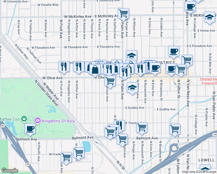 map of restaurants, bars, coffee shops, grocery stores, and more near 1042 North Harrison Avenue in Fresno