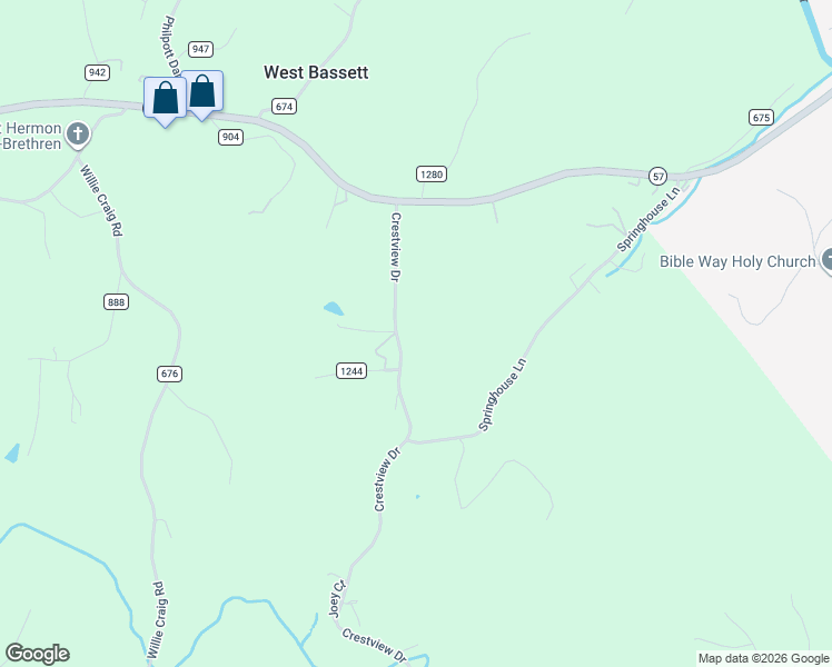 map of restaurants, bars, coffee shops, grocery stores, and more near 1391 Crestview Drive in Bassett