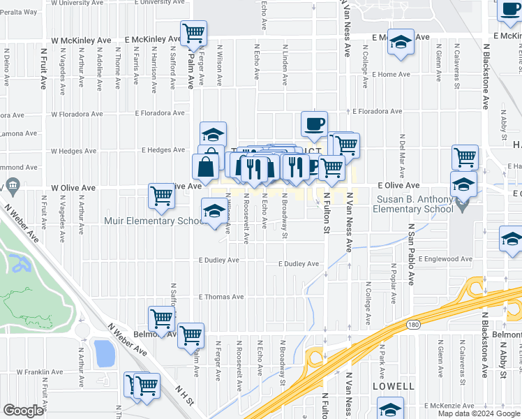 map of restaurants, bars, coffee shops, grocery stores, and more near 1033 North Echo Avenue in Fresno