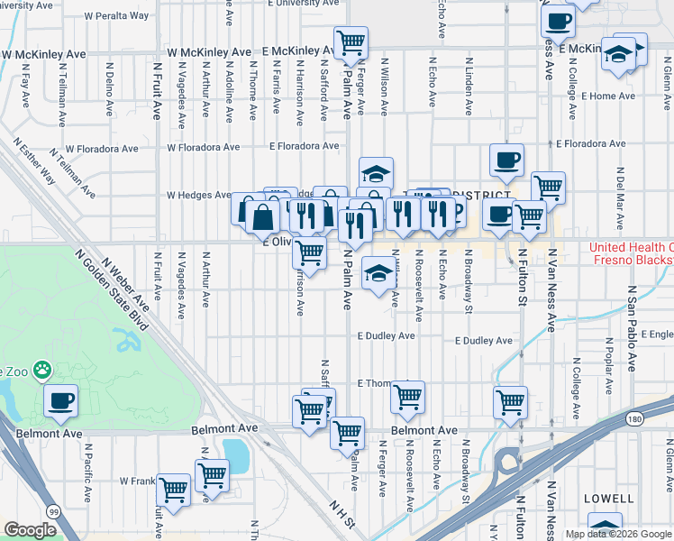 map of restaurants, bars, coffee shops, grocery stores, and more near 219 East Dennett Avenue in Fresno