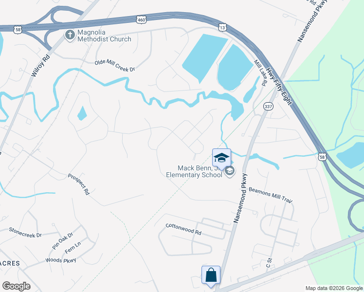map of restaurants, bars, coffee shops, grocery stores, and more near 209 Declaration Lane in Suffolk