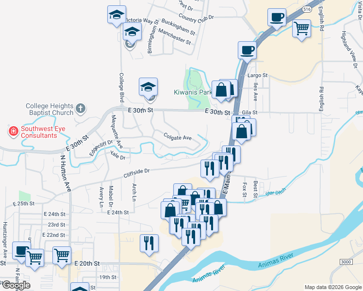 map of restaurants, bars, coffee shops, grocery stores, and more near 3501 Edgecliff Drive in Farmington