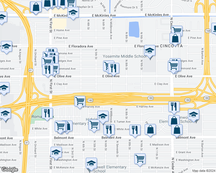 map of restaurants, bars, coffee shops, grocery stores, and more near 3607 East Tyler Avenue in Fresno