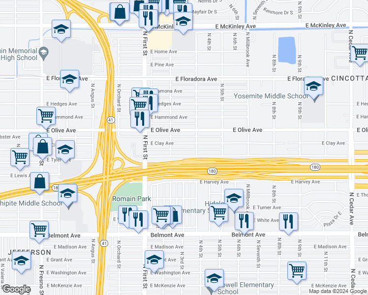 map of restaurants, bars, coffee shops, grocery stores, and more near 3303 East Tyler Avenue in Fresno