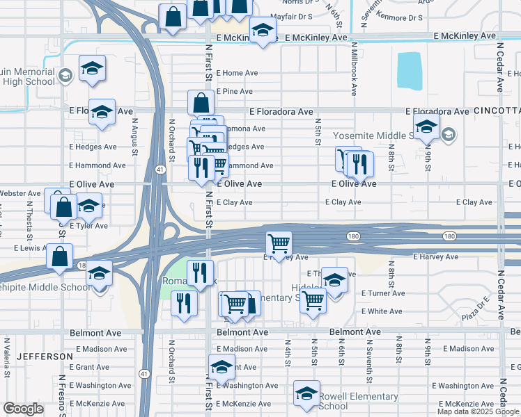 map of restaurants, bars, coffee shops, grocery stores, and more near 3303 East Tyler Avenue in Fresno