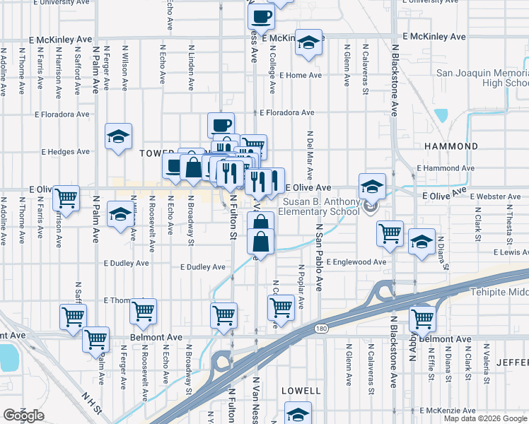 map of restaurants, bars, coffee shops, grocery stores, and more near 1027 North Van Ness Avenue in Fresno