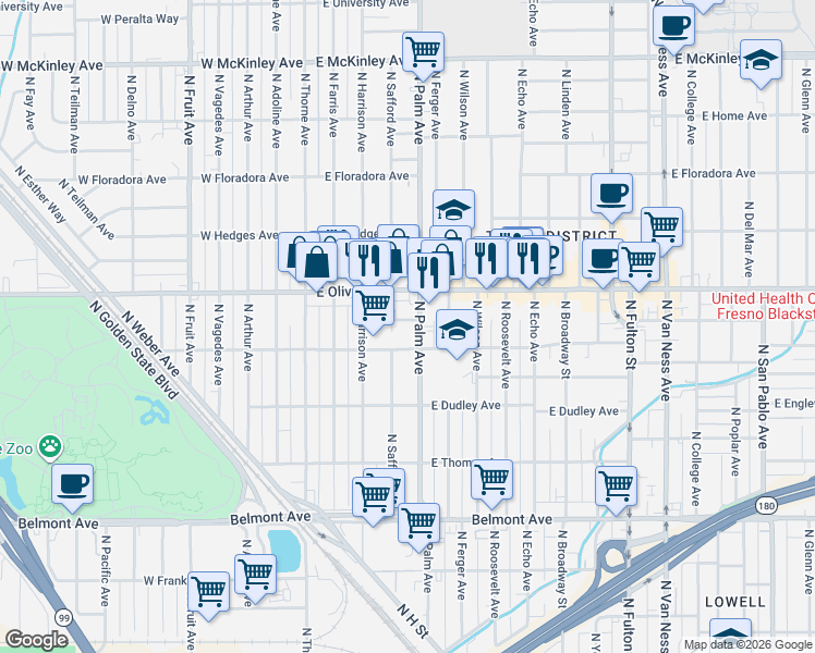 map of restaurants, bars, coffee shops, grocery stores, and more near 219 East Dennett Avenue in Fresno