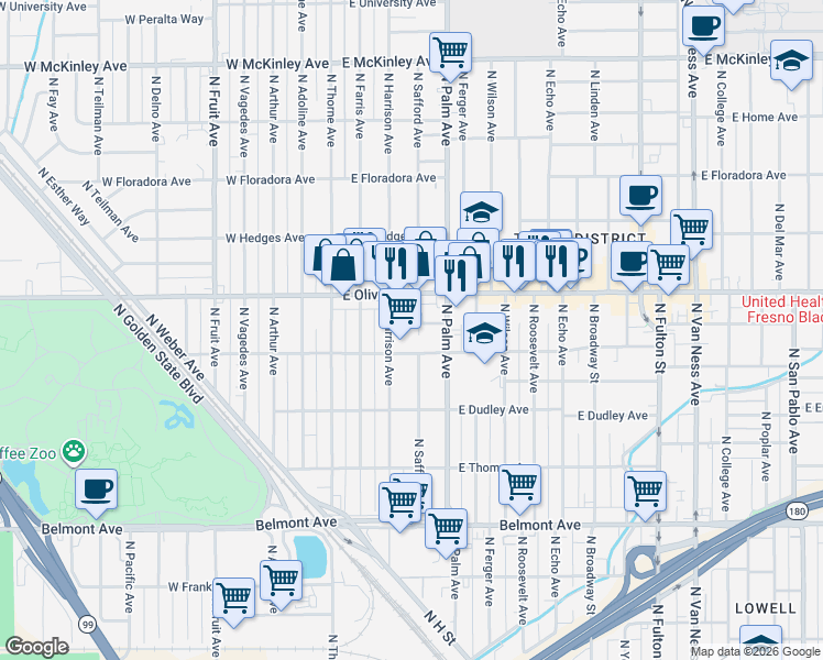 map of restaurants, bars, coffee shops, grocery stores, and more near 219 East Dennett Avenue in Fresno
