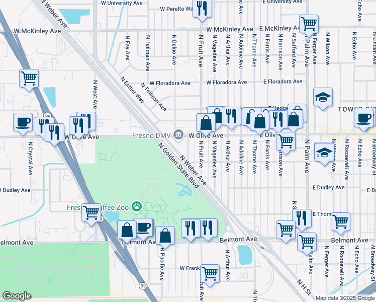 map of restaurants, bars, coffee shops, grocery stores, and more near 1016 North Carruth Avenue in Fresno
