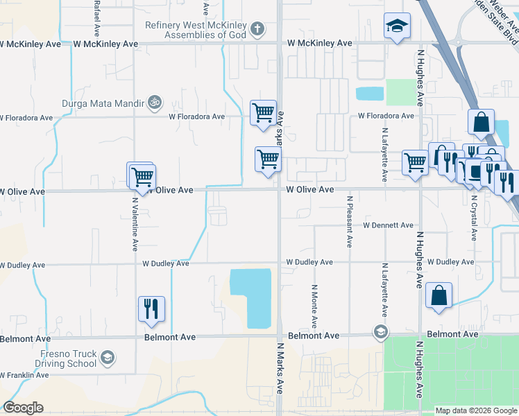 map of restaurants, bars, coffee shops, grocery stores, and more near 1367 North Marks Avenue in Fresno