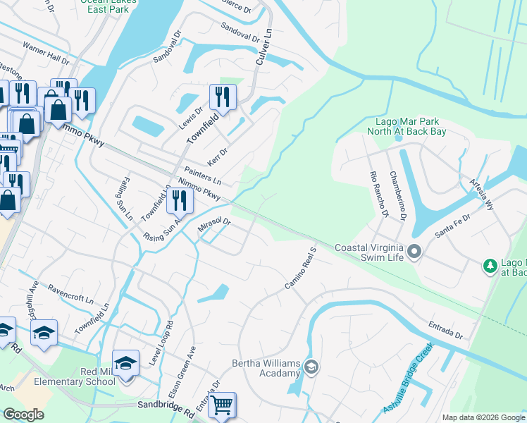 map of restaurants, bars, coffee shops, grocery stores, and more near 2332 Talvera Place in Virginia Beach