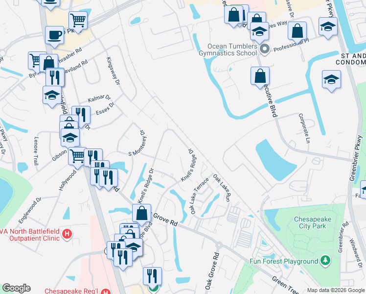 map of restaurants, bars, coffee shops, grocery stores, and more near 320 Knell's Ridge Drive in Chesapeake