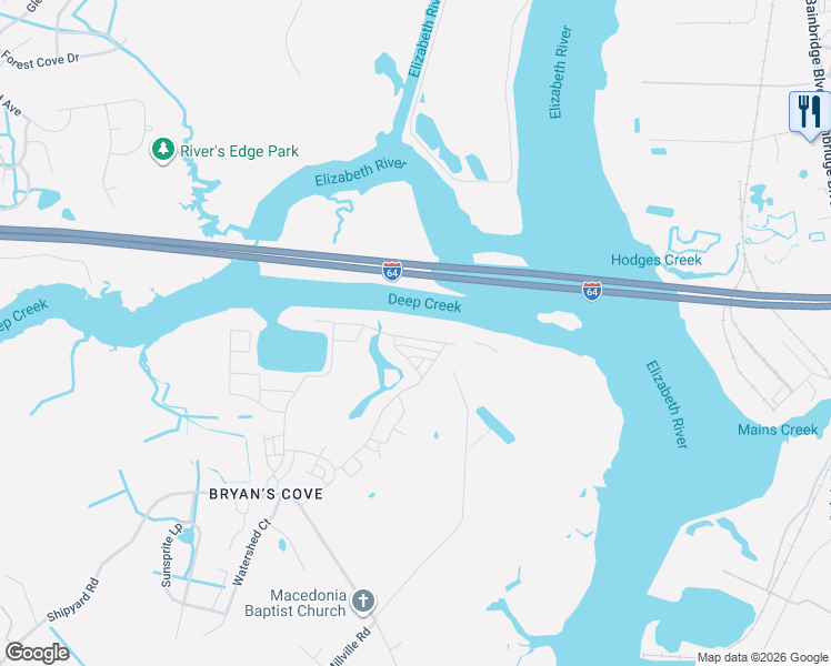 map of restaurants, bars, coffee shops, grocery stores, and more near 1700 Shipyard Road in Chesapeake