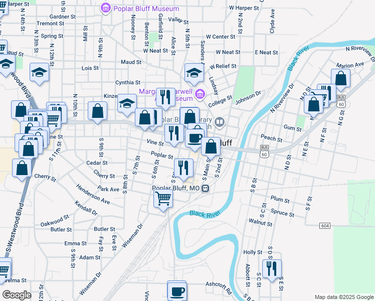 map of restaurants, bars, coffee shops, grocery stores, and more near 435 Poplar Street in Poplar Bluff