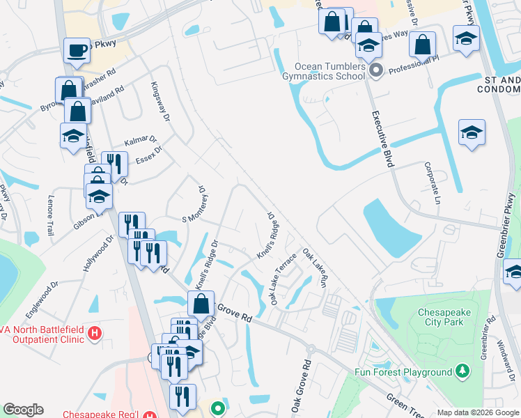 map of restaurants, bars, coffee shops, grocery stores, and more near 320 Knell's Ridge Drive in Chesapeake
