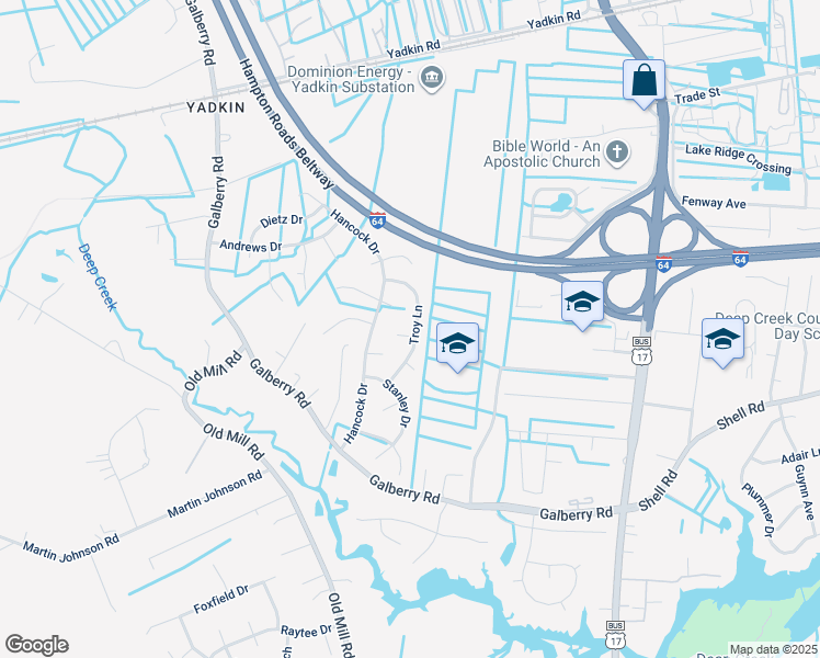 map of restaurants, bars, coffee shops, grocery stores, and more near 3224 Troy Lane in Chesapeake