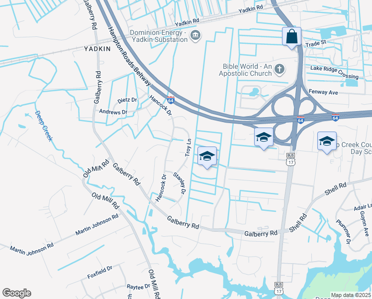 map of restaurants, bars, coffee shops, grocery stores, and more near 3224 Troy Lane in Chesapeake