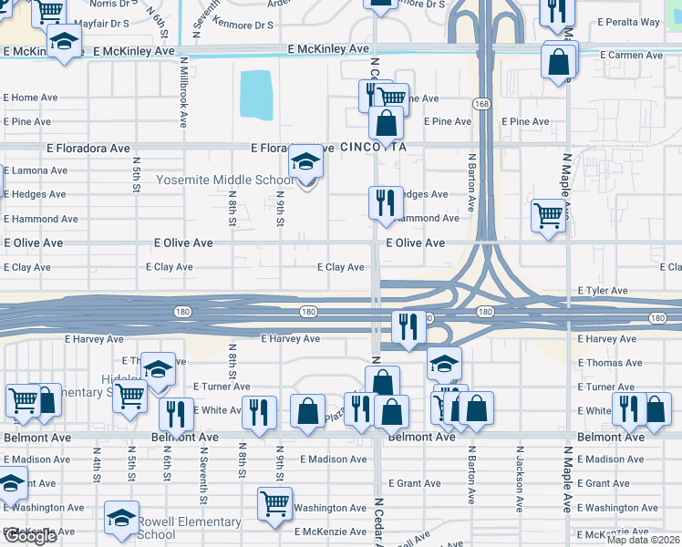 map of restaurants, bars, coffee shops, grocery stores, and more near 4149 East Tyler Avenue in Fresno