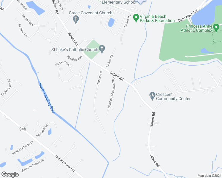map of restaurants, bars, coffee shops, grocery stores, and more near 2625 Highland Meadows Way in Virginia Beach