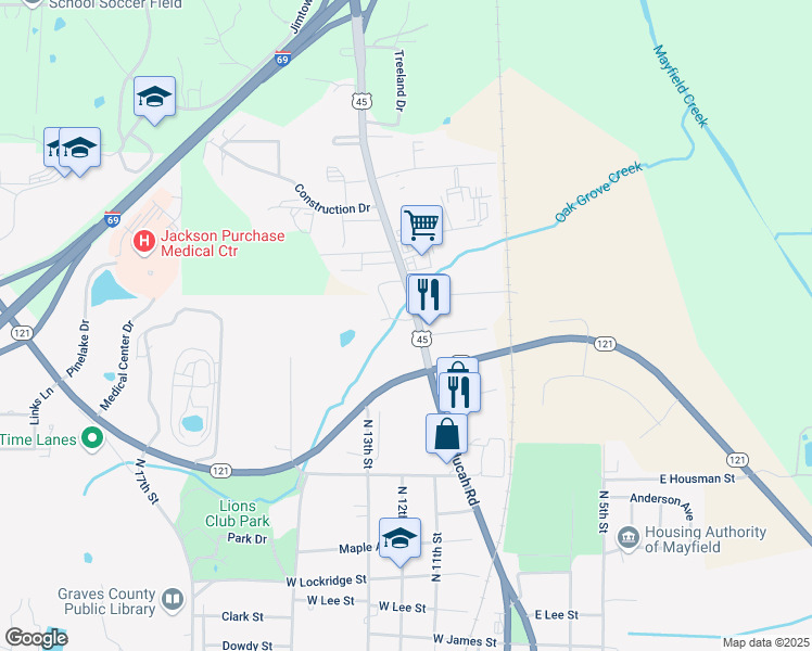 map of restaurants, bars, coffee shops, grocery stores, and more near 1025 North Industrial Drive in Mayfield