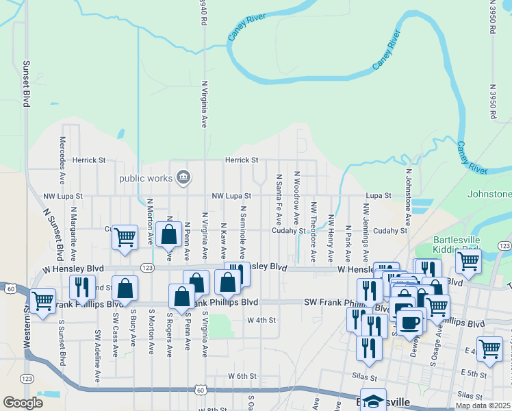 map of restaurants, bars, coffee shops, grocery stores, and more near 206 North Seminole Avenue in Bartlesville