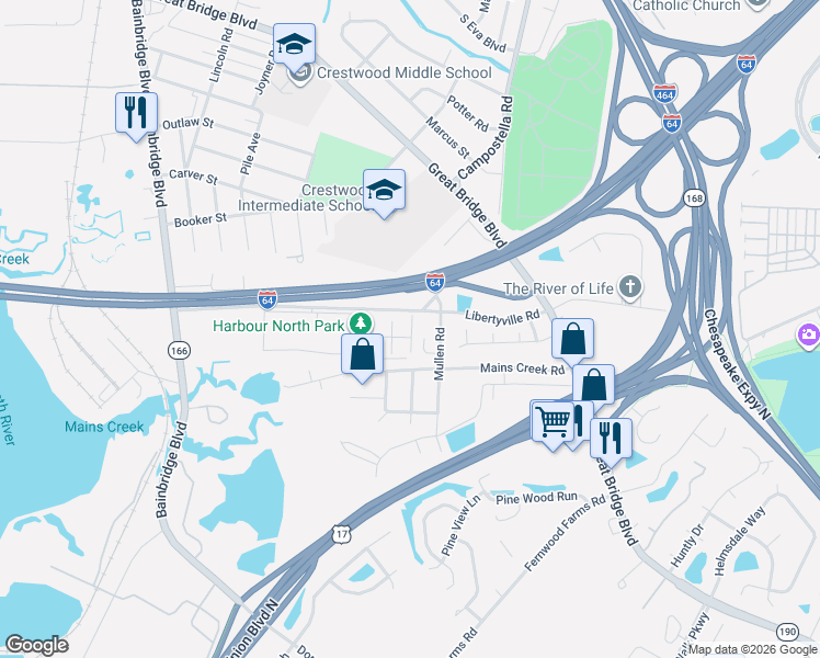 map of restaurants, bars, coffee shops, grocery stores, and more near 809 Mullen Road in Chesapeake