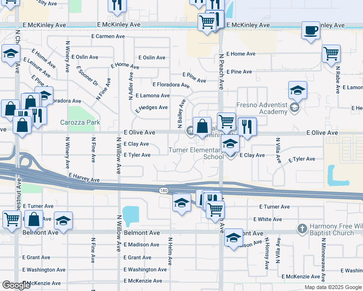 map of restaurants, bars, coffee shops, grocery stores, and more near 5122 East Olive Avenue in Fresno