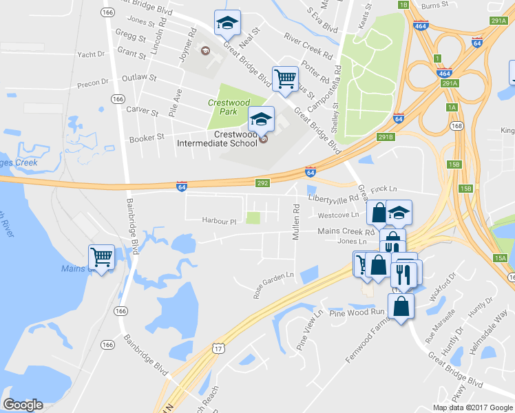 map of restaurants, bars, coffee shops, grocery stores, and more near 405 Harbour North Drive in Chesapeake