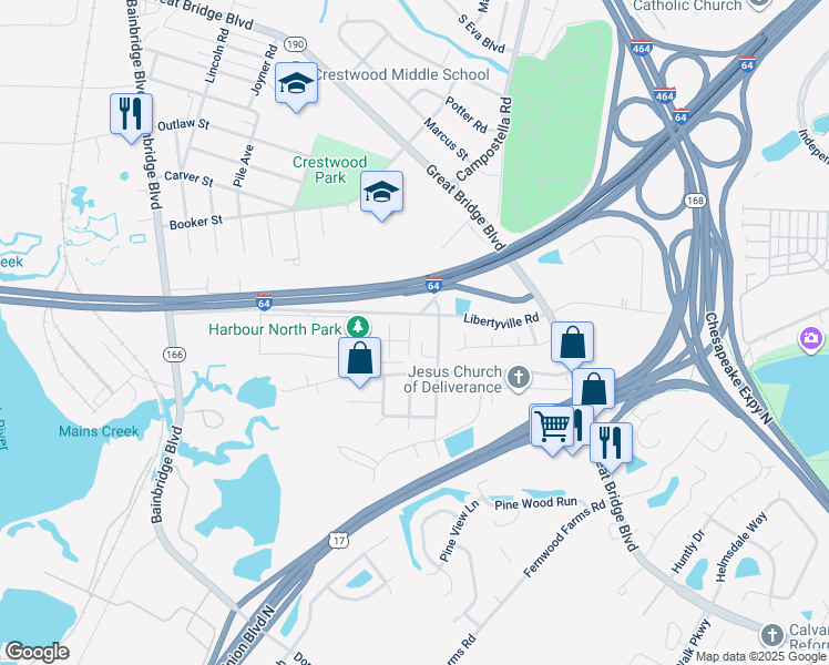 map of restaurants, bars, coffee shops, grocery stores, and more near 809 Mullen Road in Chesapeake