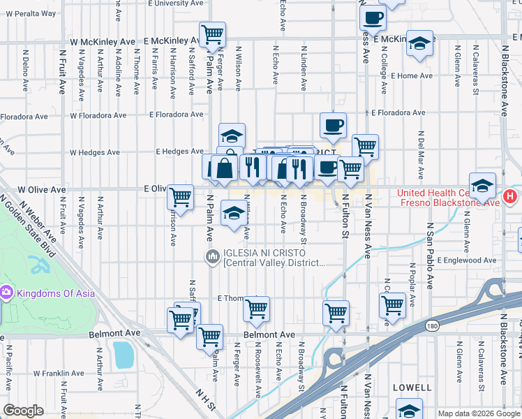 map of restaurants, bars, coffee shops, grocery stores, and more near 1004 North Roosevelt Avenue in Fresno