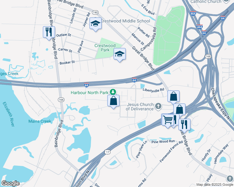 map of restaurants, bars, coffee shops, grocery stores, and more near 405 Harbour North Drive in Chesapeake