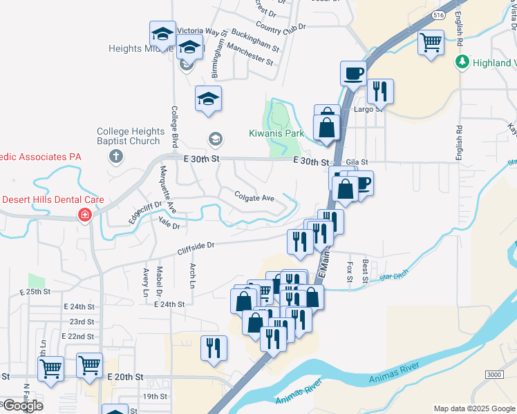 map of restaurants, bars, coffee shops, grocery stores, and more near 3412 Edgecliff Drive in Farmington