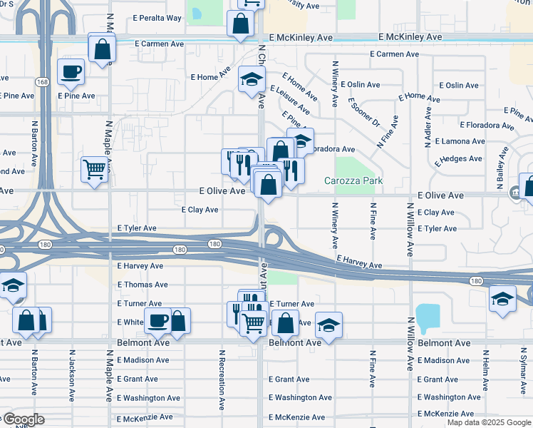 map of restaurants, bars, coffee shops, grocery stores, and more near 1080 North Chestnut Avenue in Fresno