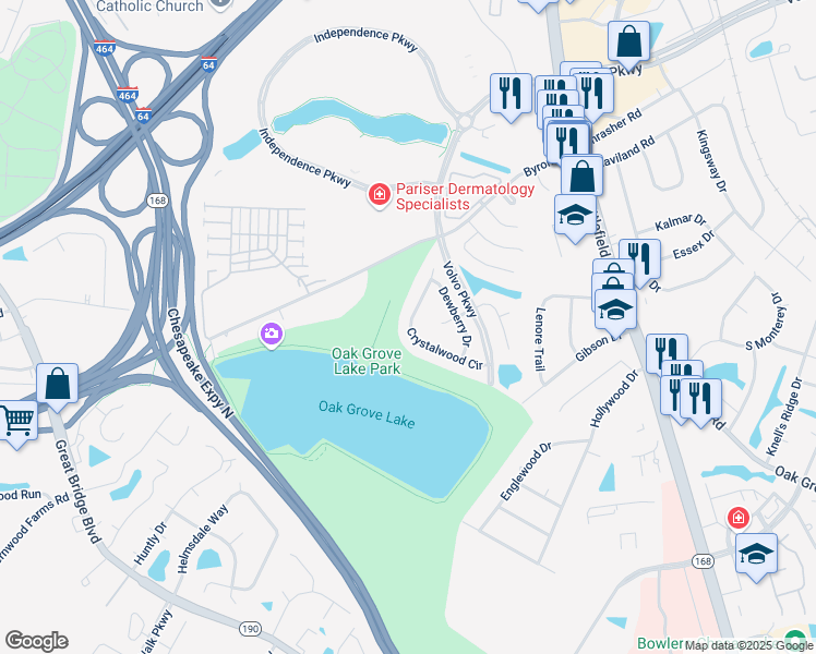 map of restaurants, bars, coffee shops, grocery stores, and more near 1132 Crystalwood Circle in Chesapeake
