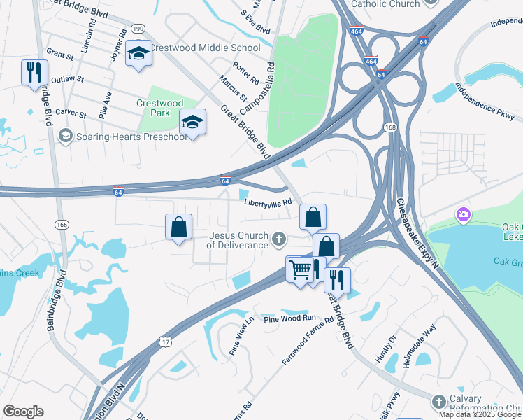 map of restaurants, bars, coffee shops, grocery stores, and more near 1000 Halter Arch in Chesapeake