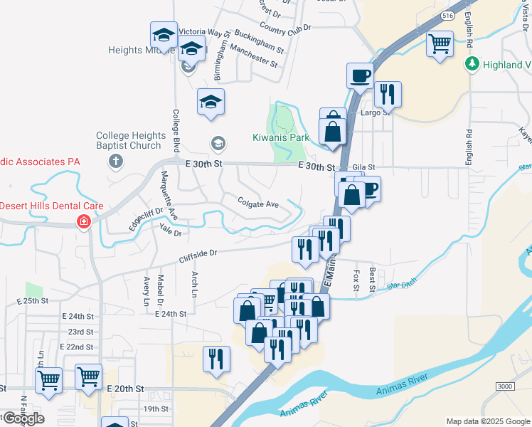 map of restaurants, bars, coffee shops, grocery stores, and more near 3500 Edgecliff Drive in Farmington