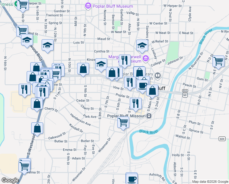 map of restaurants, bars, coffee shops, grocery stores, and more near 205 South 6th Street in Poplar Bluff