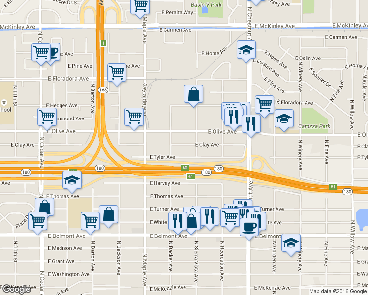 map of restaurants, bars, coffee shops, grocery stores, and more near 4677 East Tyler Avenue in Fresno