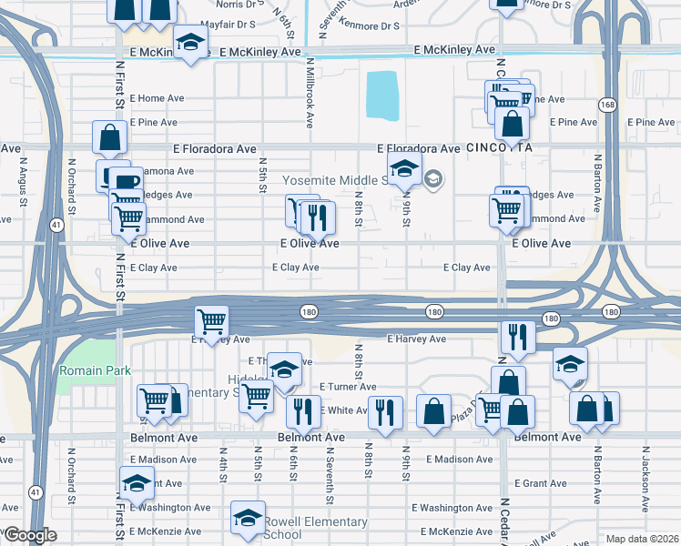 map of restaurants, bars, coffee shops, grocery stores, and more near 3791 East Tyler Avenue in Fresno