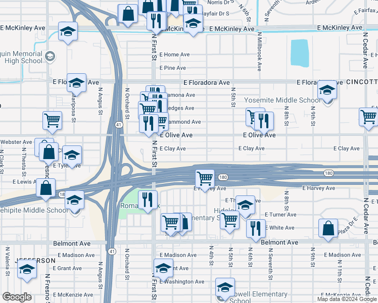 map of restaurants, bars, coffee shops, grocery stores, and more near 3303 East Tyler Avenue in Fresno