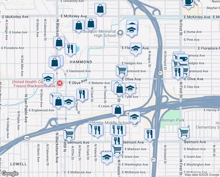 map of restaurants, bars, coffee shops, grocery stores, and more near 2340 East Clay Avenue in Fresno