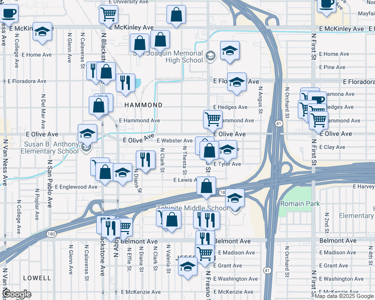 map of restaurants, bars, coffee shops, grocery stores, and more near 2270 East Clay Avenue in Fresno
