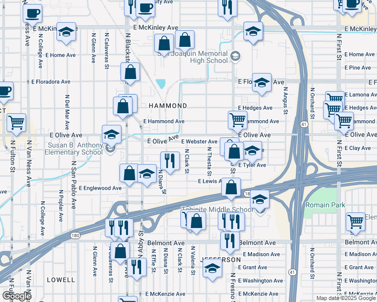 map of restaurants, bars, coffee shops, grocery stores, and more near 1063 North Clark Street in Fresno