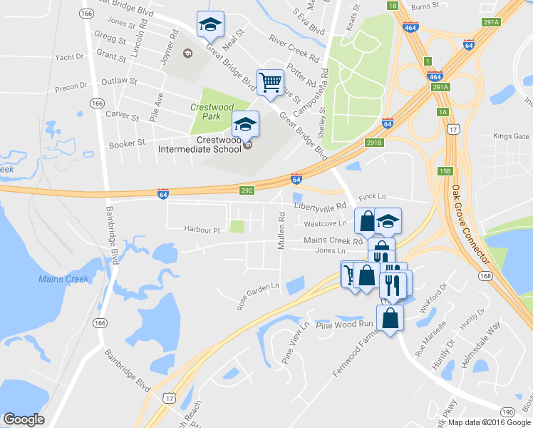 map of restaurants, bars, coffee shops, grocery stores, and more near 809 Mullen Road in Chesapeake